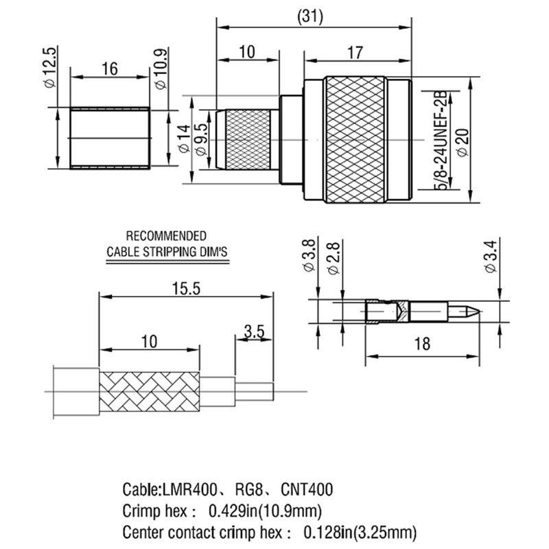 Riotaxy N Male Crimp Connector for LMR400 Belden 9913 RG8 - Nickel Machined Brass Construction - Pack of 2 - Image 5